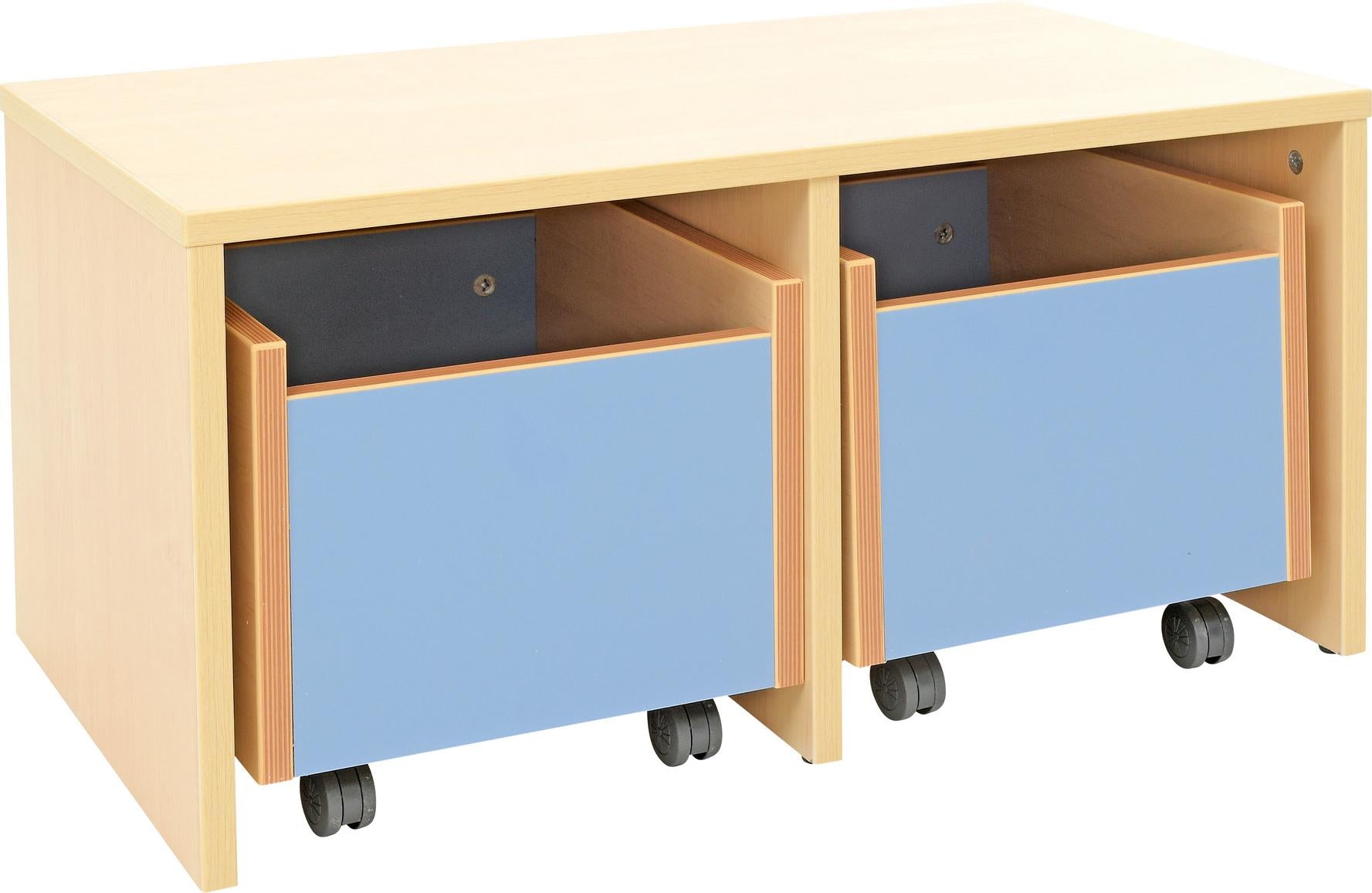 Bank mit Rollbehältern für Bücher oder Spielzeug für Leseecke in Kindergarten oder Schule - Produkt wird im Kindergarten oder Schule genutzt.