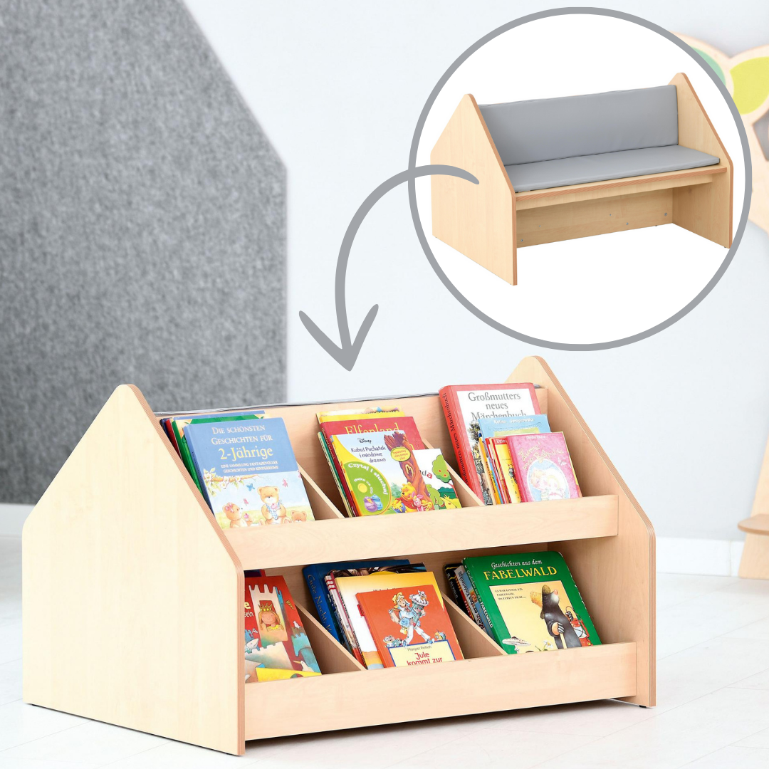 Flexi Bücherregal mit Sitzbank – Perfekt für deine Leseecke - Produkt wird im Kindergarten oder Schule genutzt.