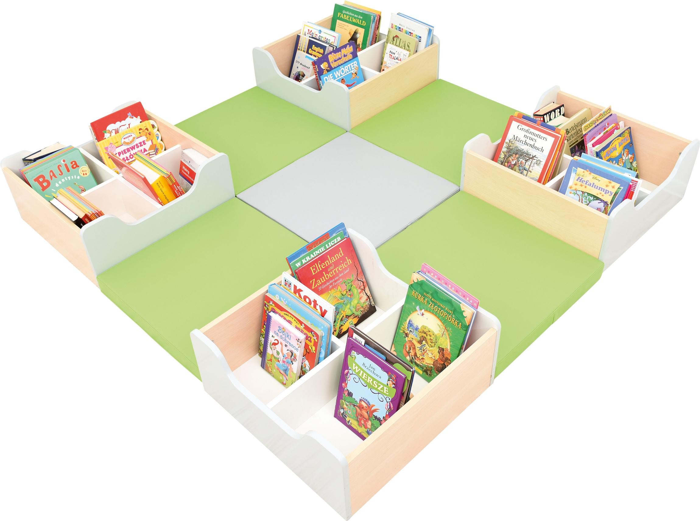 Gemütliche Leseecke mit Bücherkisten und Matten. - Produkt wird im Kindergarten oder Schule genutzt.