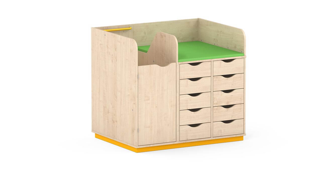 Aankleedtafel met laden en trap inclusief aankleedkussen in verschillende kleuren.