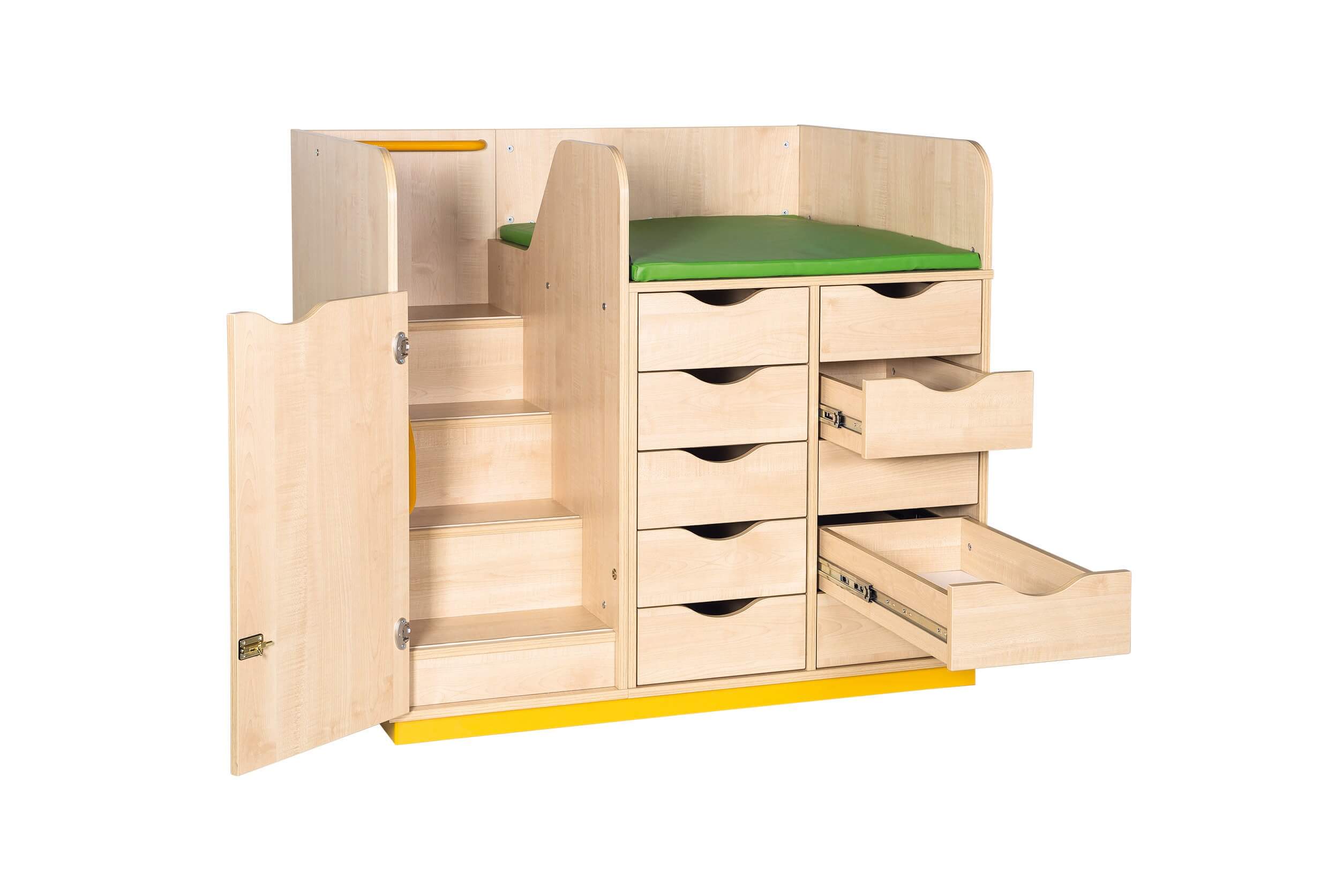 Aankleedtafel met laden en trap inclusief aankleedkussen in verschillende kleuren.