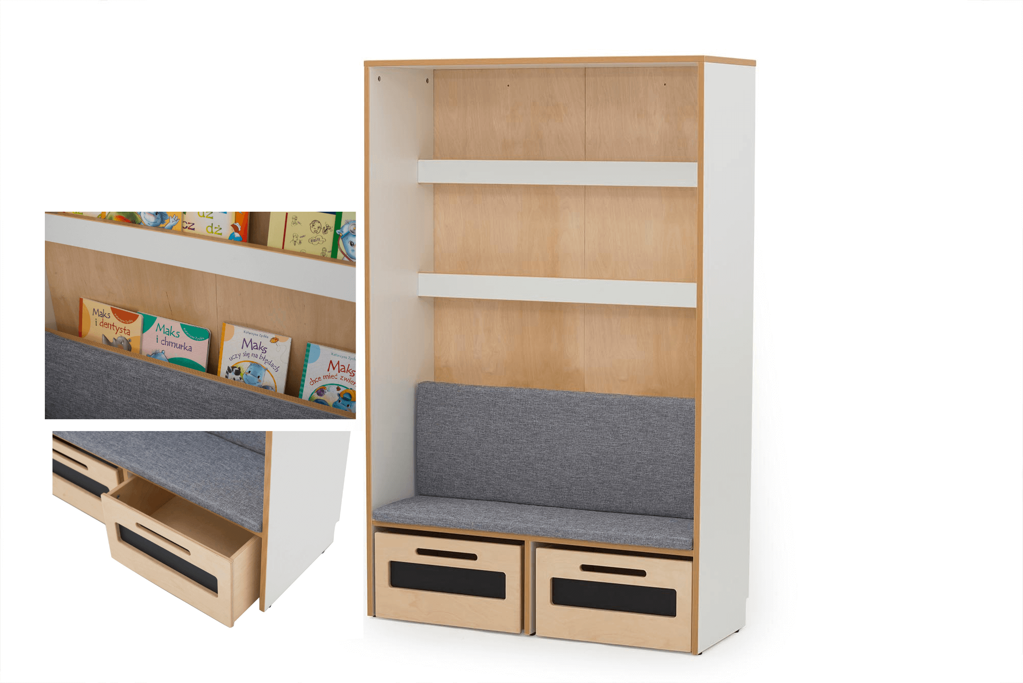 Leseecke mit grauer Matratze und Schubladen - NEA-Serie