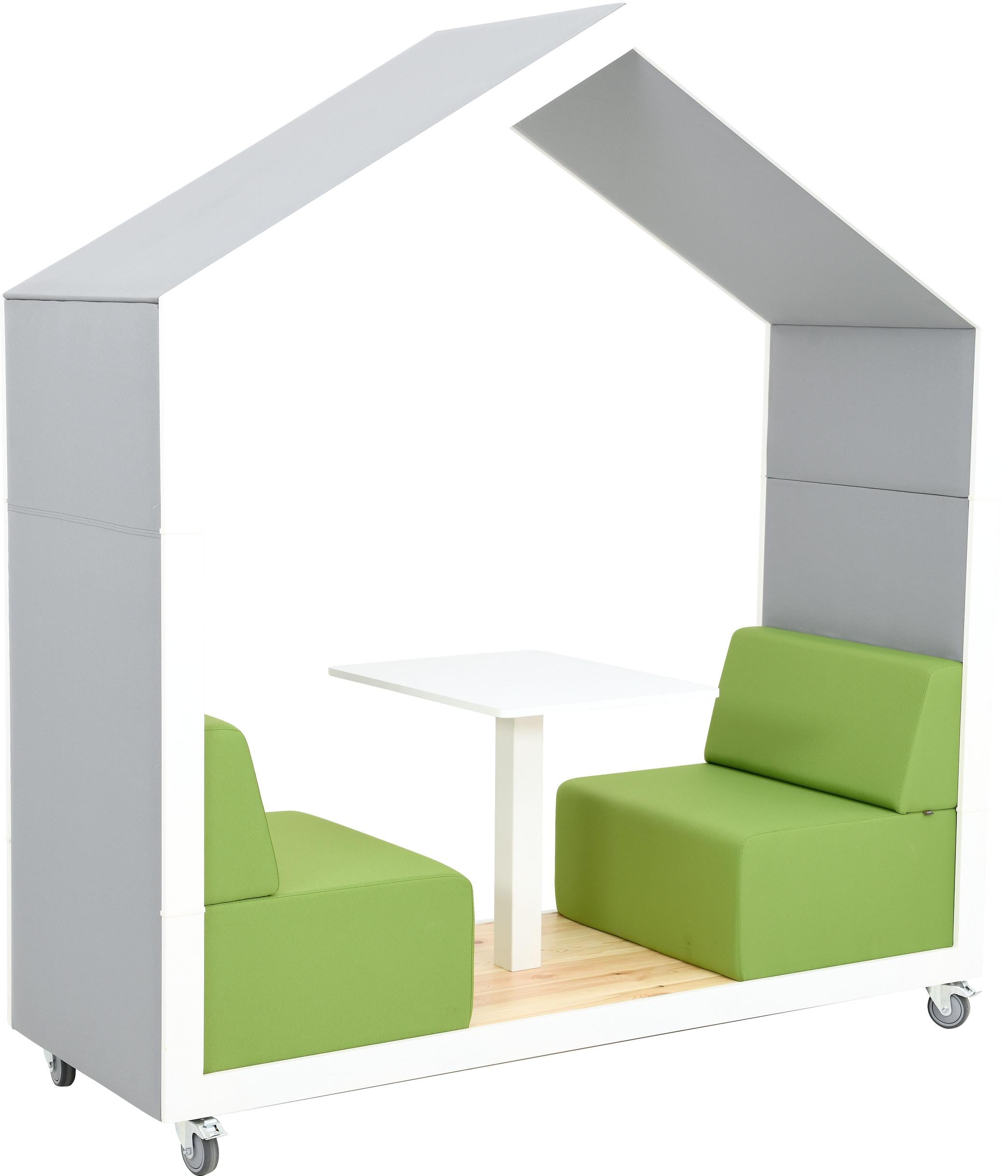 Meeting Pod mit Tisch und grünen Sitzplätzen.