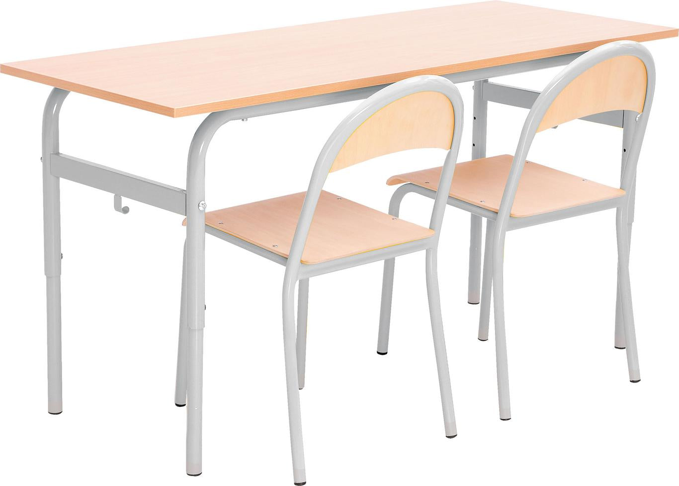 Doppeltisch mit Stühlen, ideal für Klassenzimmer und Konferenzräume.