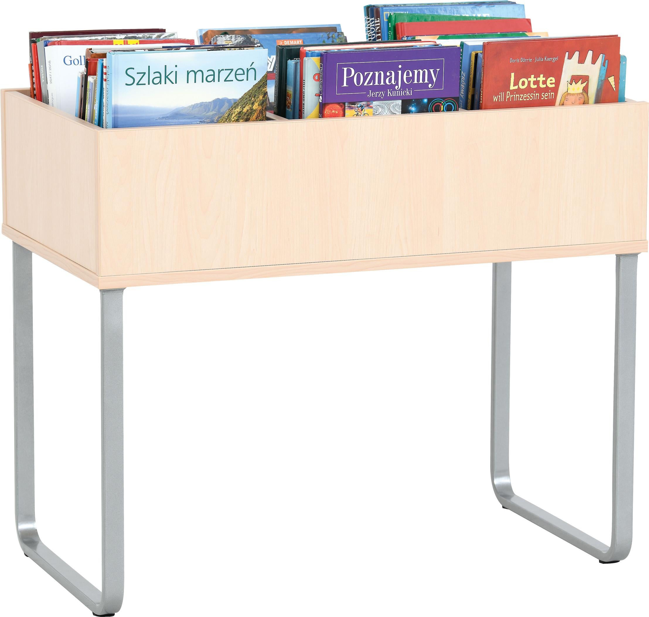 Bücherkiste mit Gestell, gefüllt mit bunten Kinderbüchern. - Produkt wird im Kindergarten oder Schule genutzt.