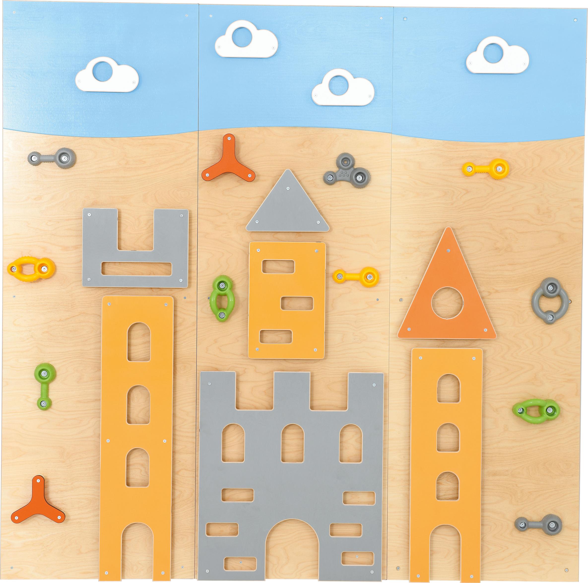 Bunte Kletterwand mit Burgmotiv für Schule oder Kita.