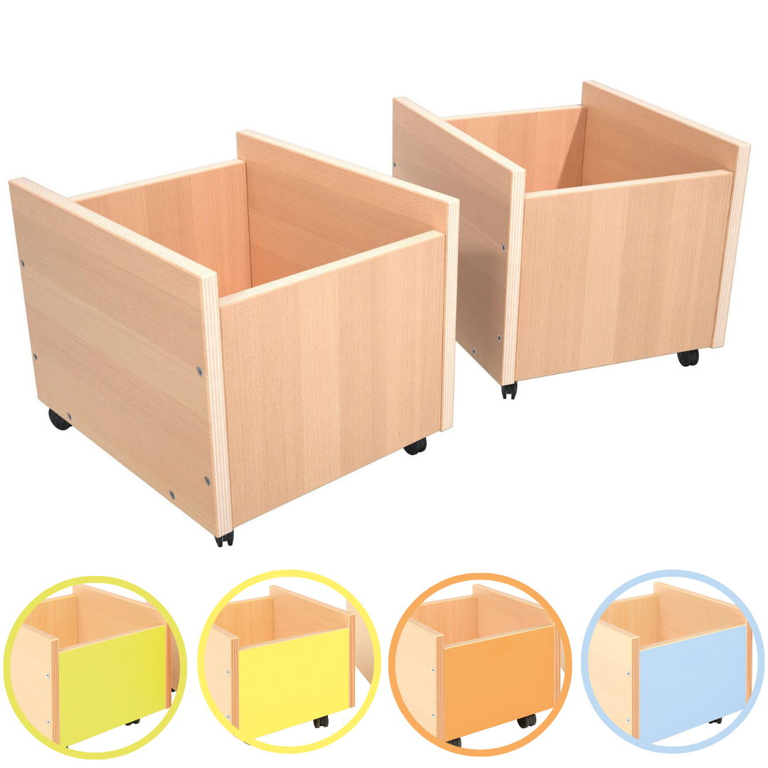 Flexi Rollbehälter in verschiedenen Farben. Zum Aufbewahren von Büchern und Spielzeug. - Produkt wird im Kindergarten oder Schule genutzt.