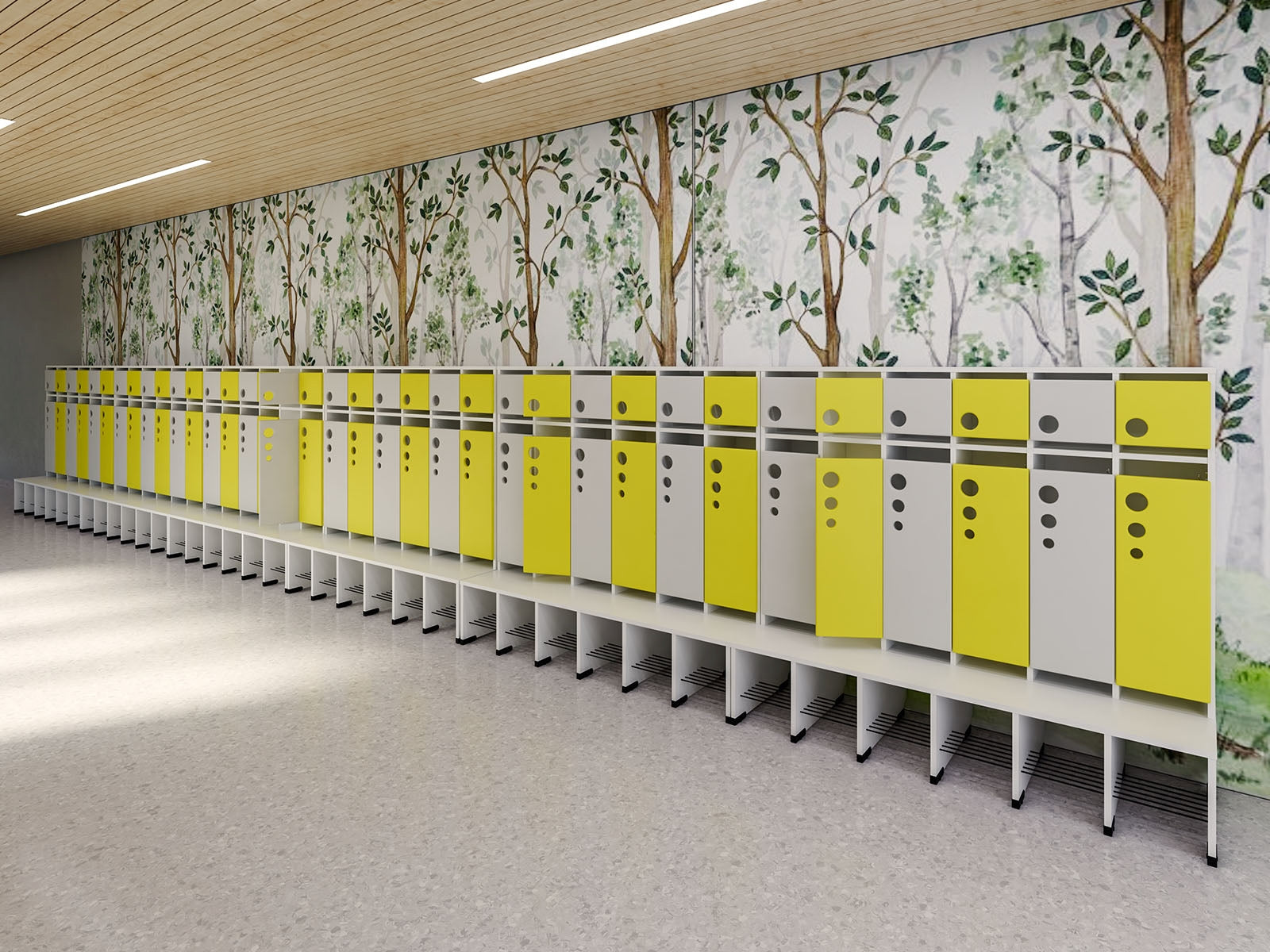 Garderobe Bubble-Serie mit Bank, Konfigurierbar - versch. Farben. Geeignet für Kita, Kindergarten und Schule.