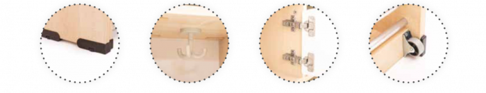 Garderobe Bubble-Serie mit ausziehbarer Bank, schwer entflammbar Konfigurierbar - versch. Farben und Größen. Geeignet für Kita, Kindergarten und Schule.