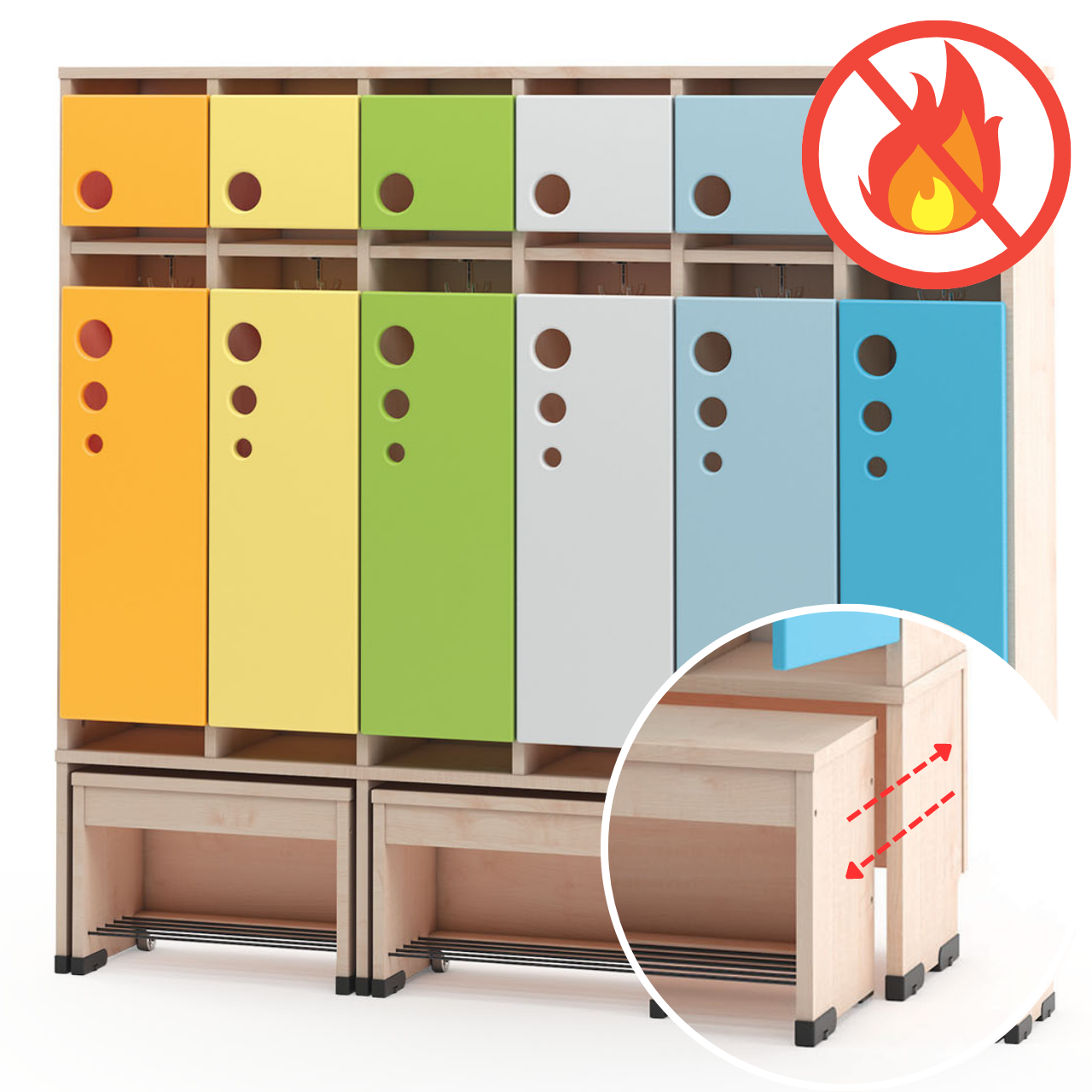 Garderobe Bubble-Serie mit ausziehbarer Bank, schwer entflammbar Konfigurierbar - versch. Farben und Größen. Geeignet für Kita, Kindergarten und Schule.