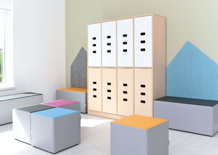 Garderobe Rainbow 2-8 Einheiten, optional mit Türen, 12 versch. Farben, versch. Höhen/Breiten. Geeignet für Kita, Kindergarten und Schule.