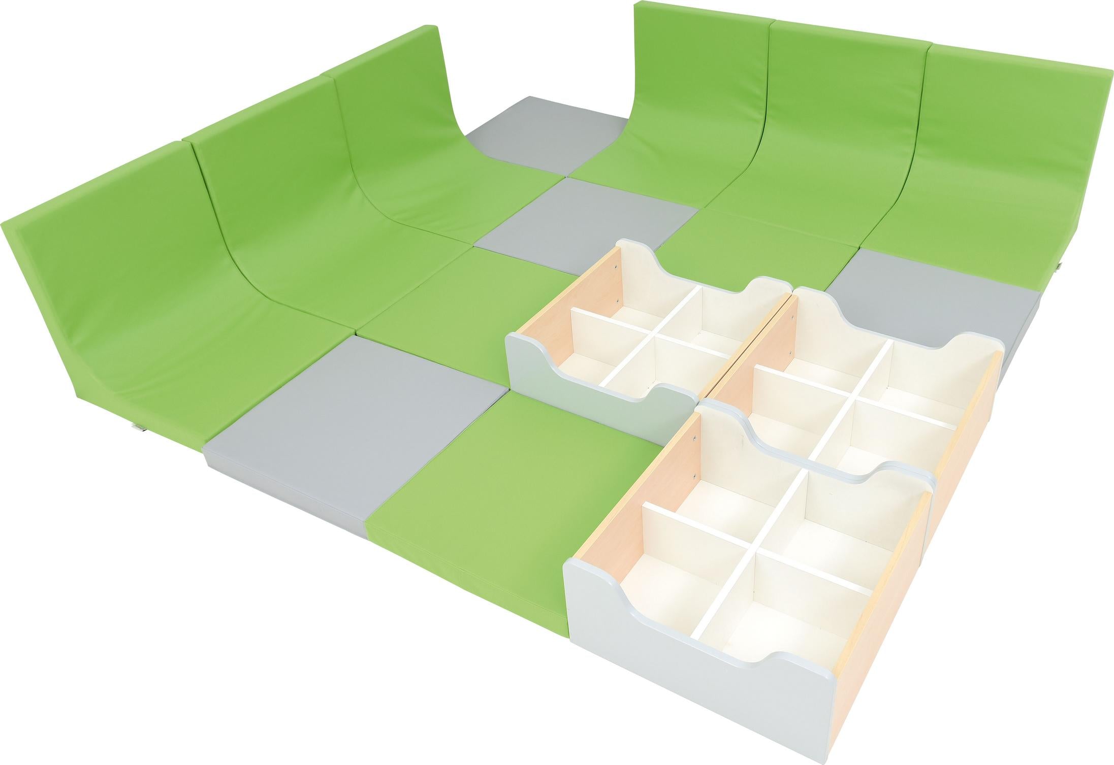 Gemütliche Leselandschaft mit Matten und Bücherkisten. - Produkt wird im Kindergarten oder Schule genutzt.