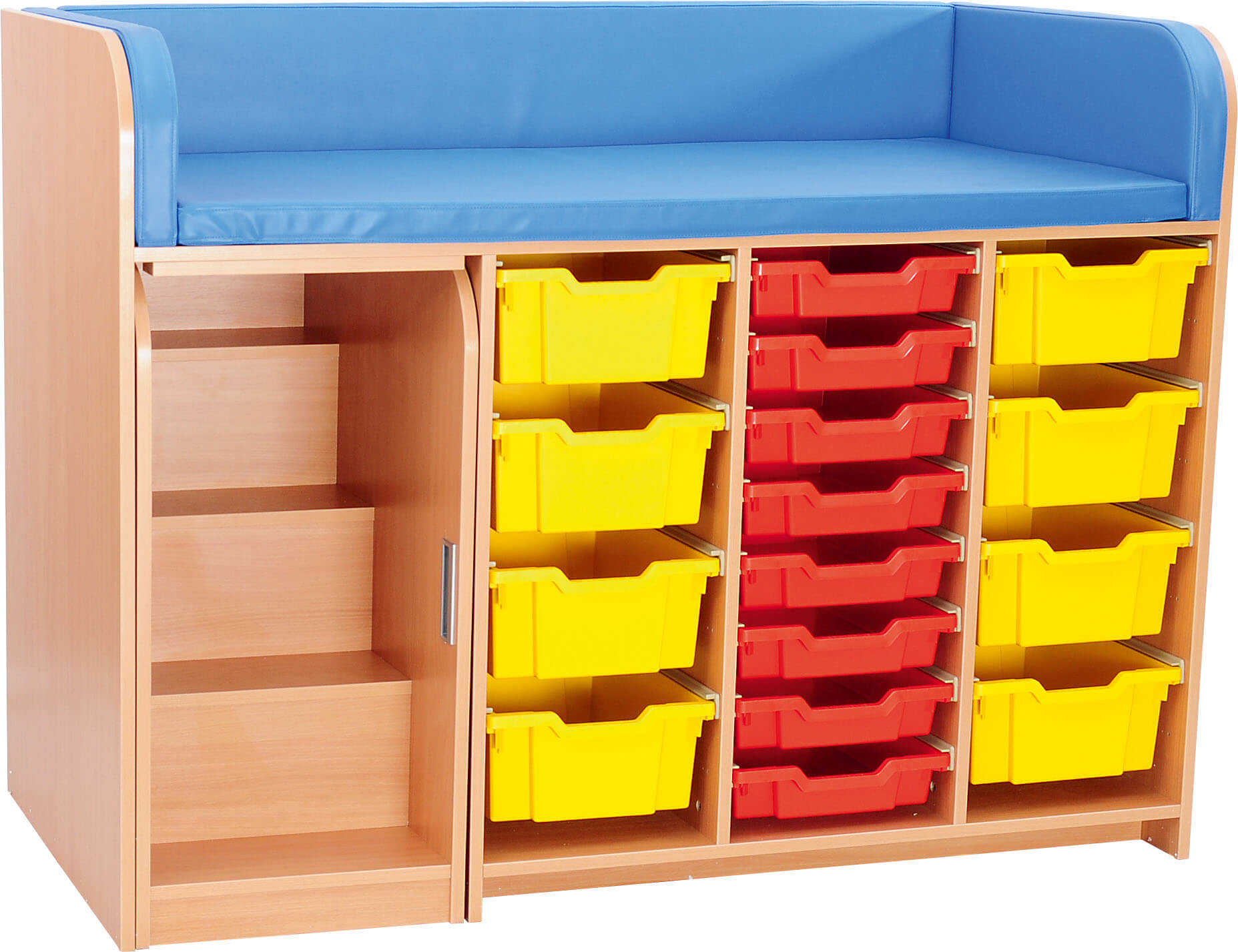Große Wickelkommode mit Treppe inkl. Wickelauflage, Container optional, Treppe links o. rechts. Geeignet für die Krippe, Kita & Kindergarten.