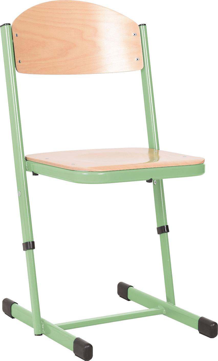 Höhenverstellbarer Schüler-Kufenstuhl in grün, robust und stapelbar.