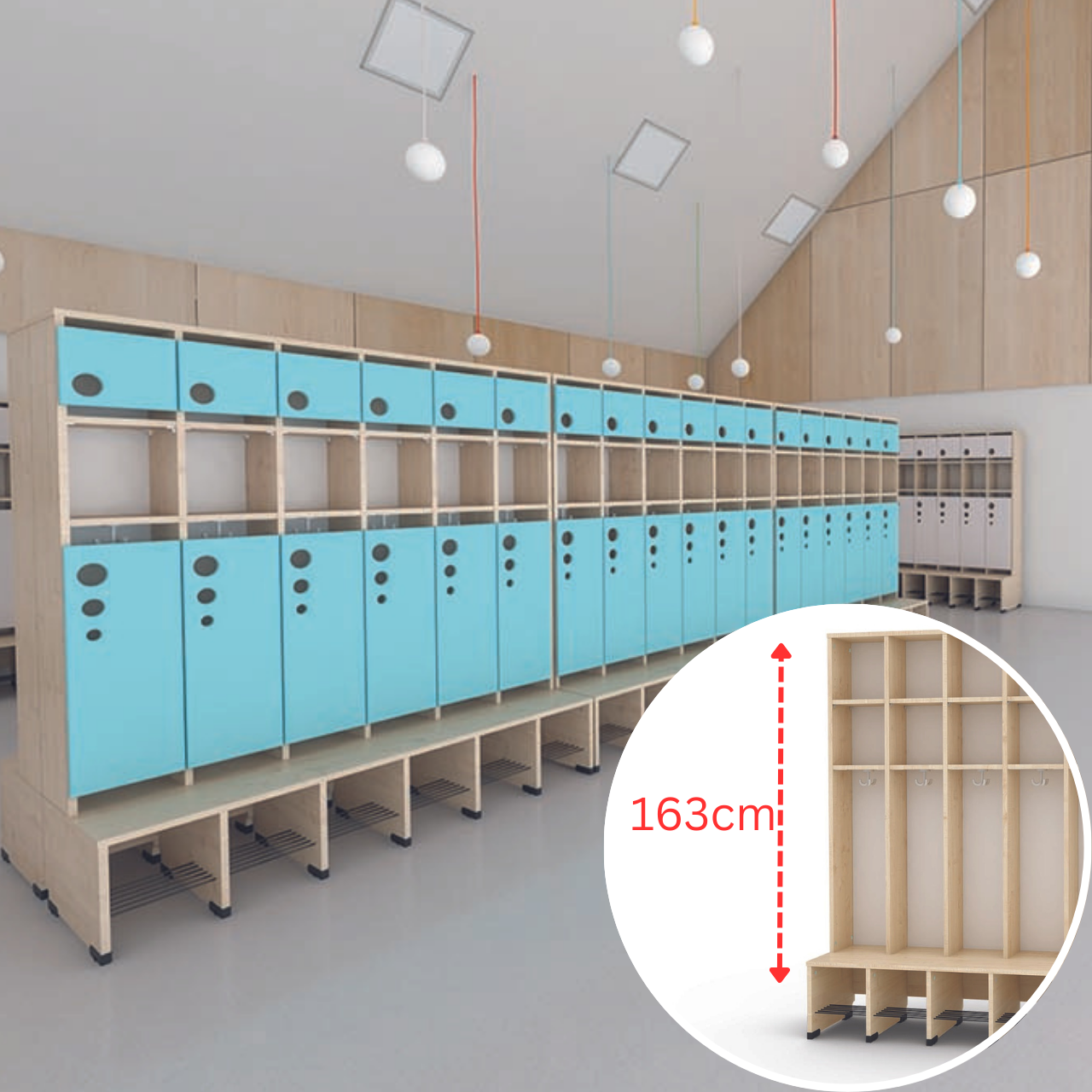 Maxi-Garderobe Bubble-Serie mit Bank, Konfigurierbar - versch. Farben. Geeignet für Kita, Kindergarten und Schule.