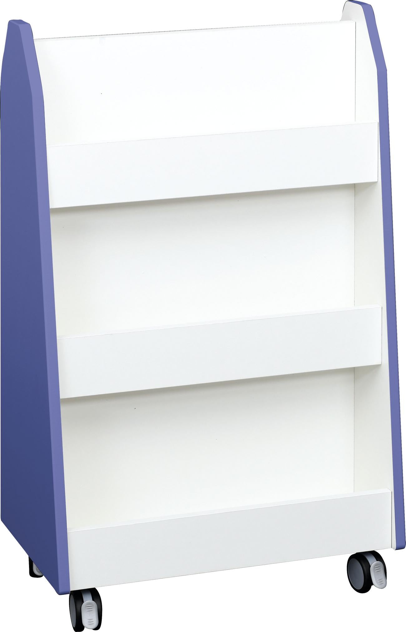 Mobiles, zweiseitiges Bücherregal mit Rollen, für Kinder leicht erreichbar. - Produkt wird im Kindergarten oder Schule genutzt.