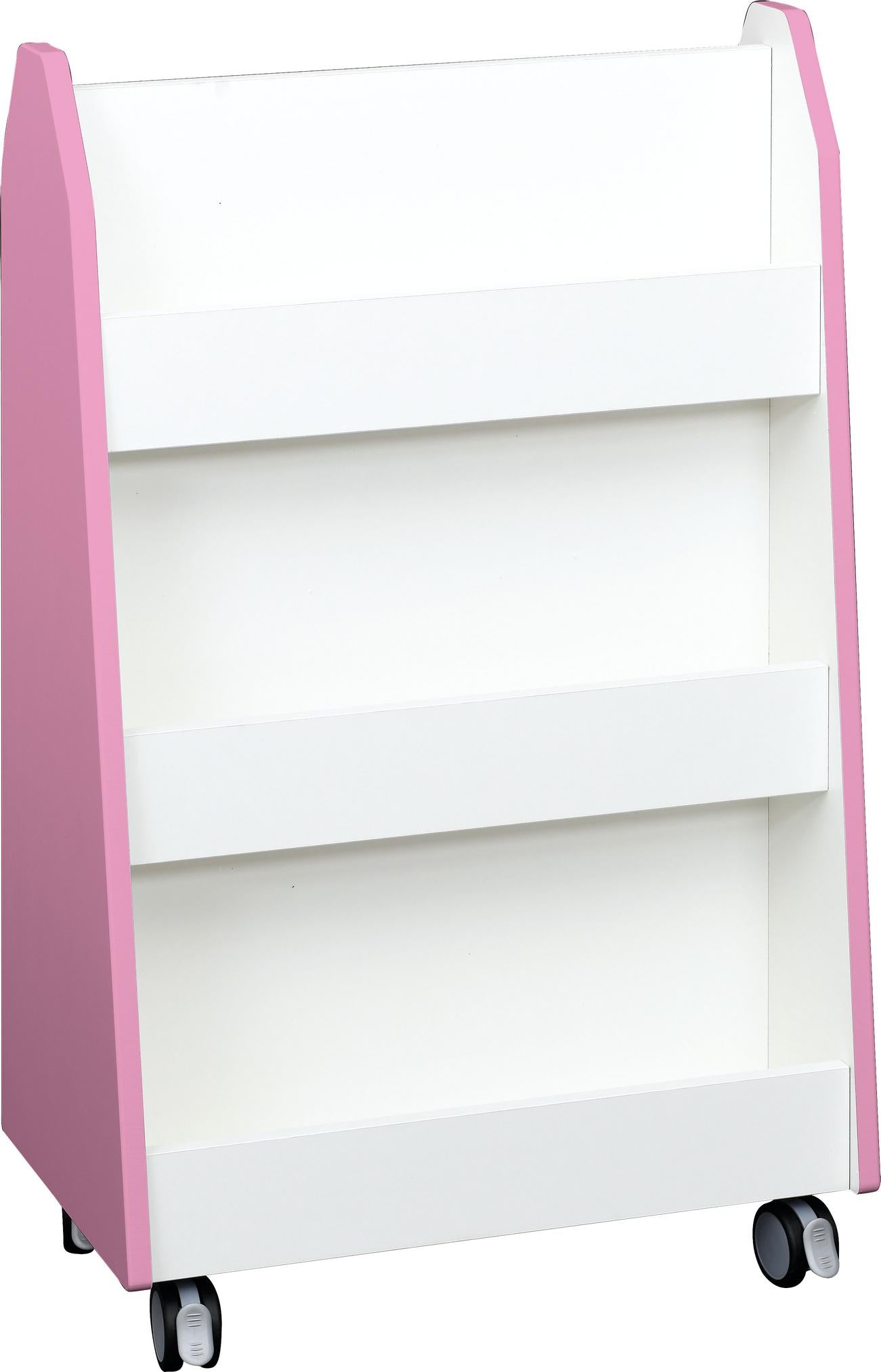 Mobiles, zweiseitiges Bücherregal mit rosa Seitenwänden. - Produkt wird im Kindergarten oder Schule genutzt.