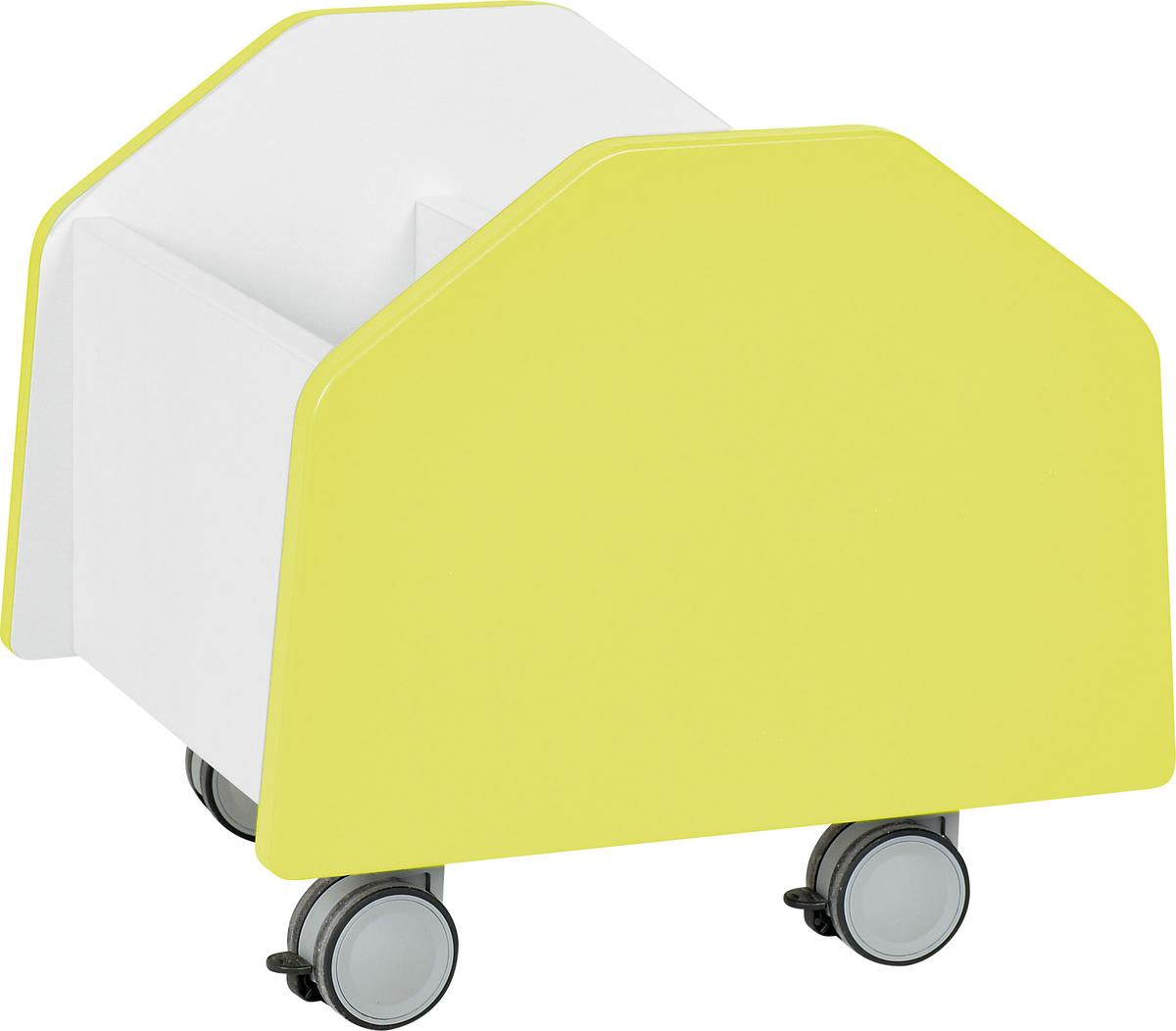 Rollbehälter für Bücher mit gelber Front und Rollen. - Produkt wird im Kindergarten oder Schule genutzt.