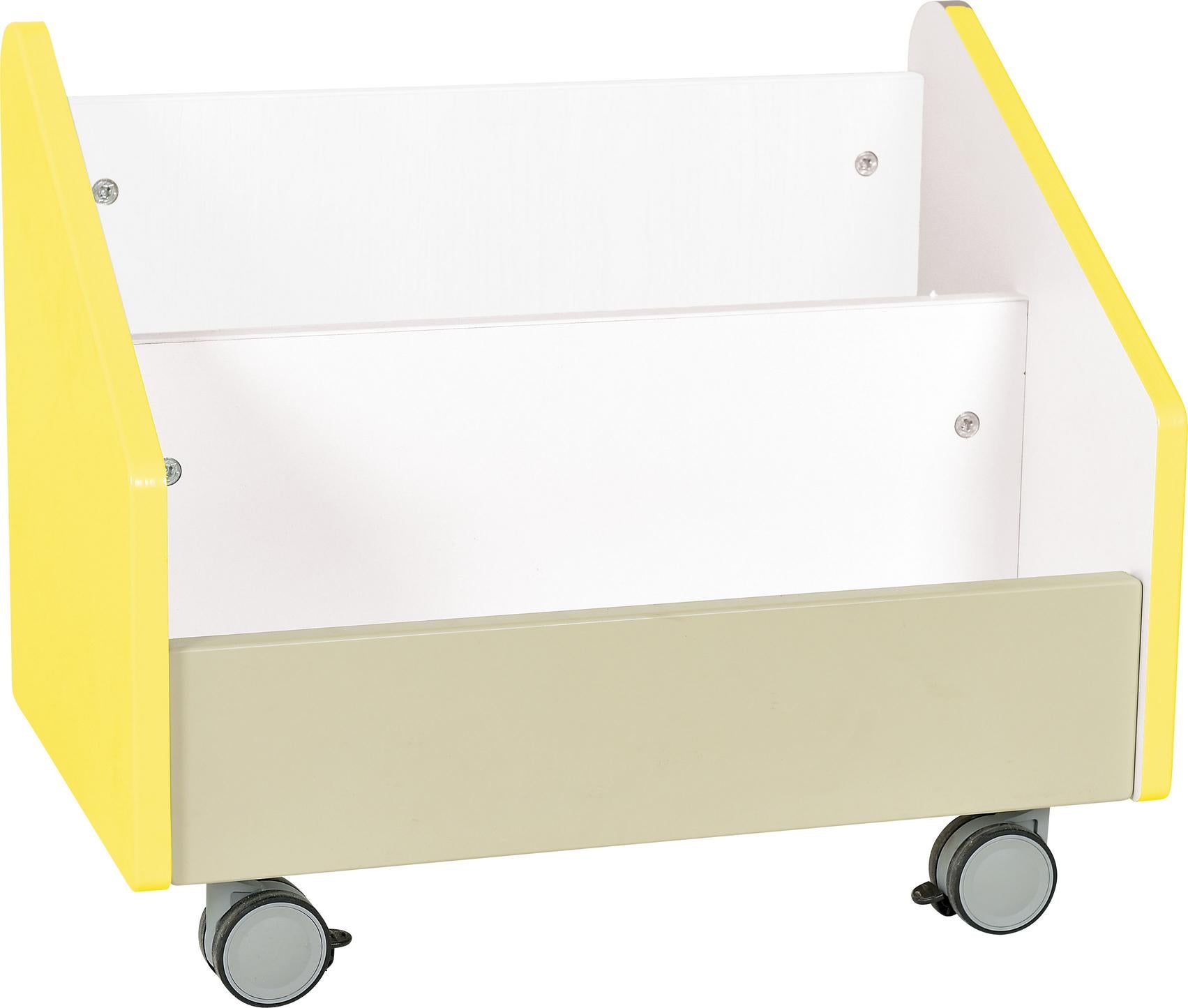 Rollbehälter mit gelben Seiten und Rollen für Kita. - Produkt wird im Kindergarten oder Schule genutzt.