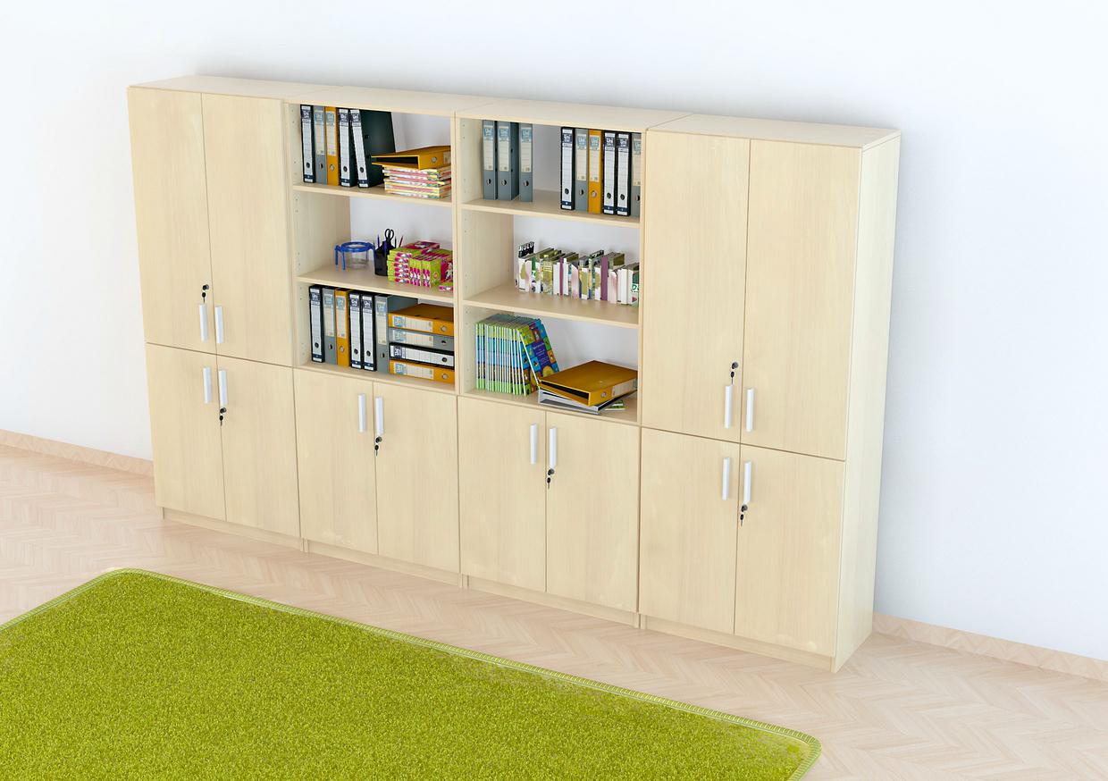 Schrankwand EXPO 8 im Gruppenraum mit Ordnern und Büchern.