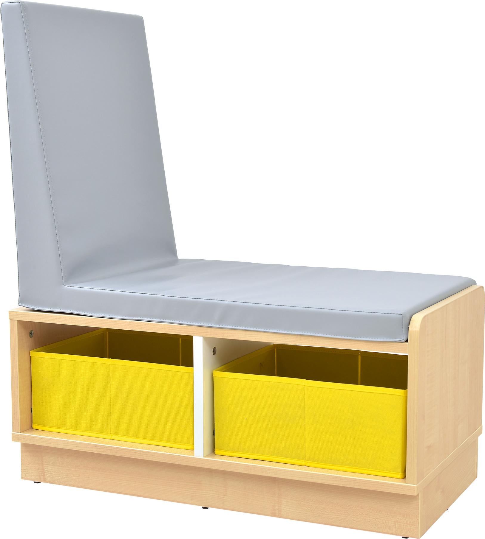 Sitzbank mit gelben Boxen, ideal für Leseecken. - Produkt wird im Kindergarten oder Schule genutzt.