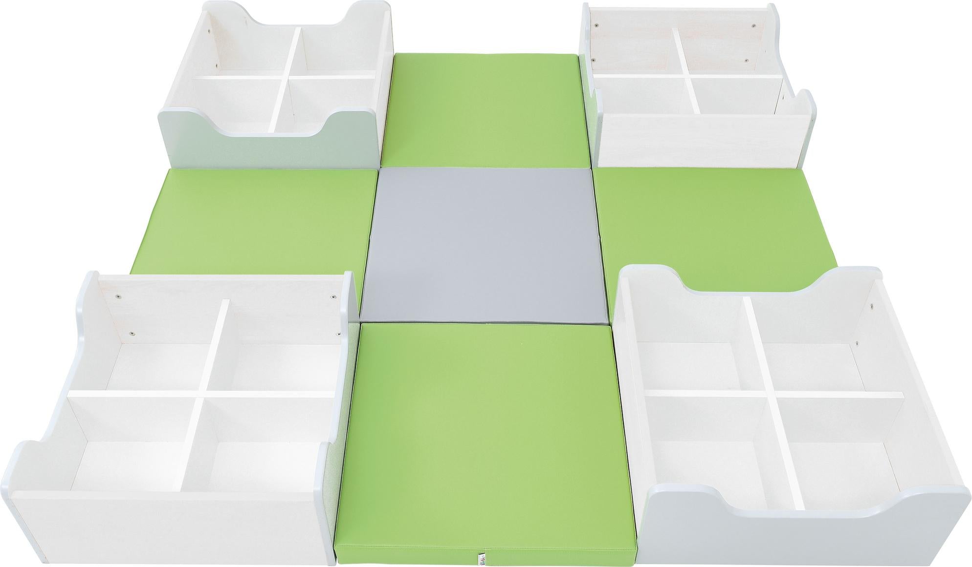 Vier Bücherkisten und Matten bilden eine Leseecke. - Produkt wird im Kindergarten oder Schule genutzt.