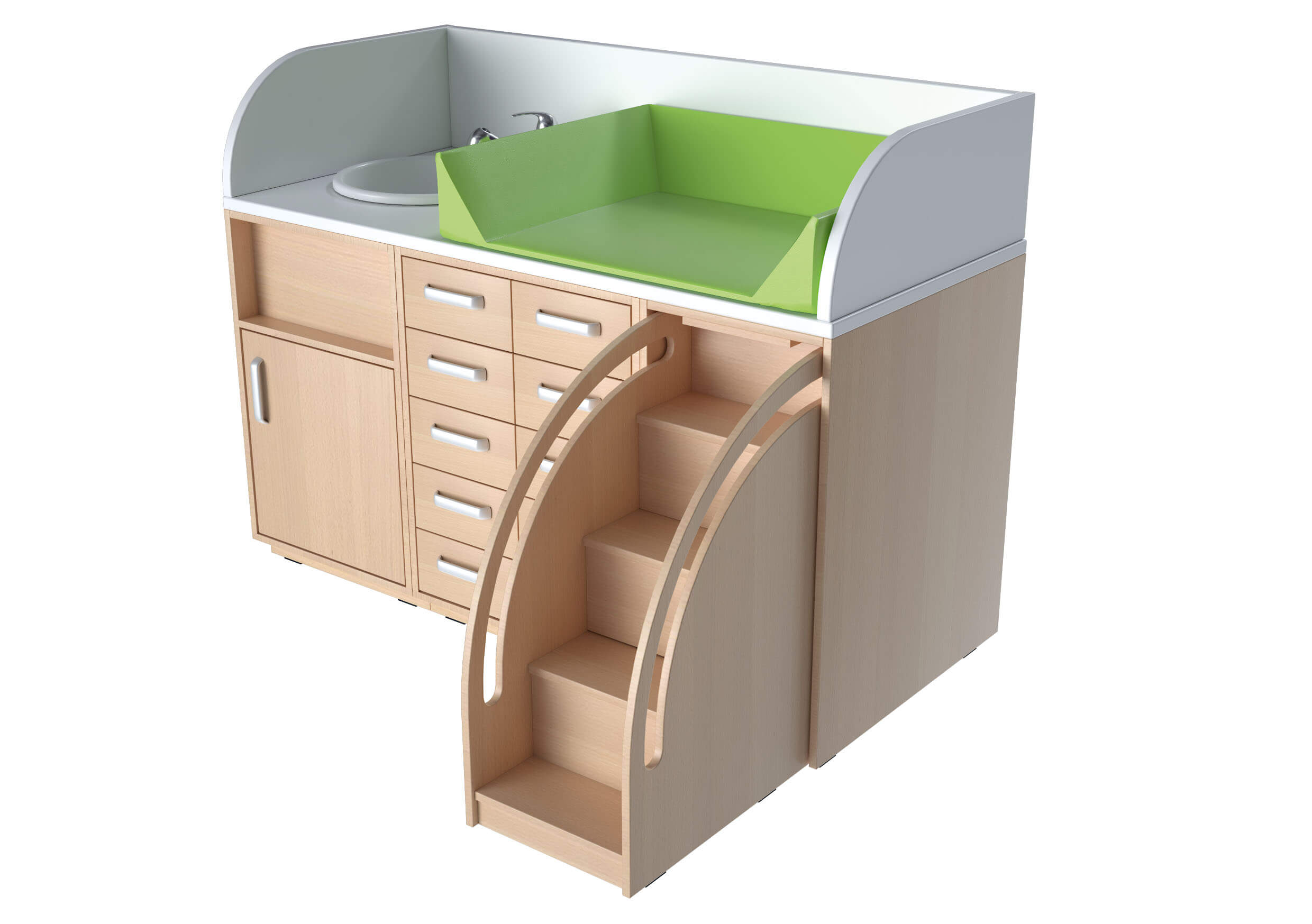 Wickelkommoden-Landschaft XL mit Waschbecken. Geeignet für die Krippe, Kita & Kindergarten.
