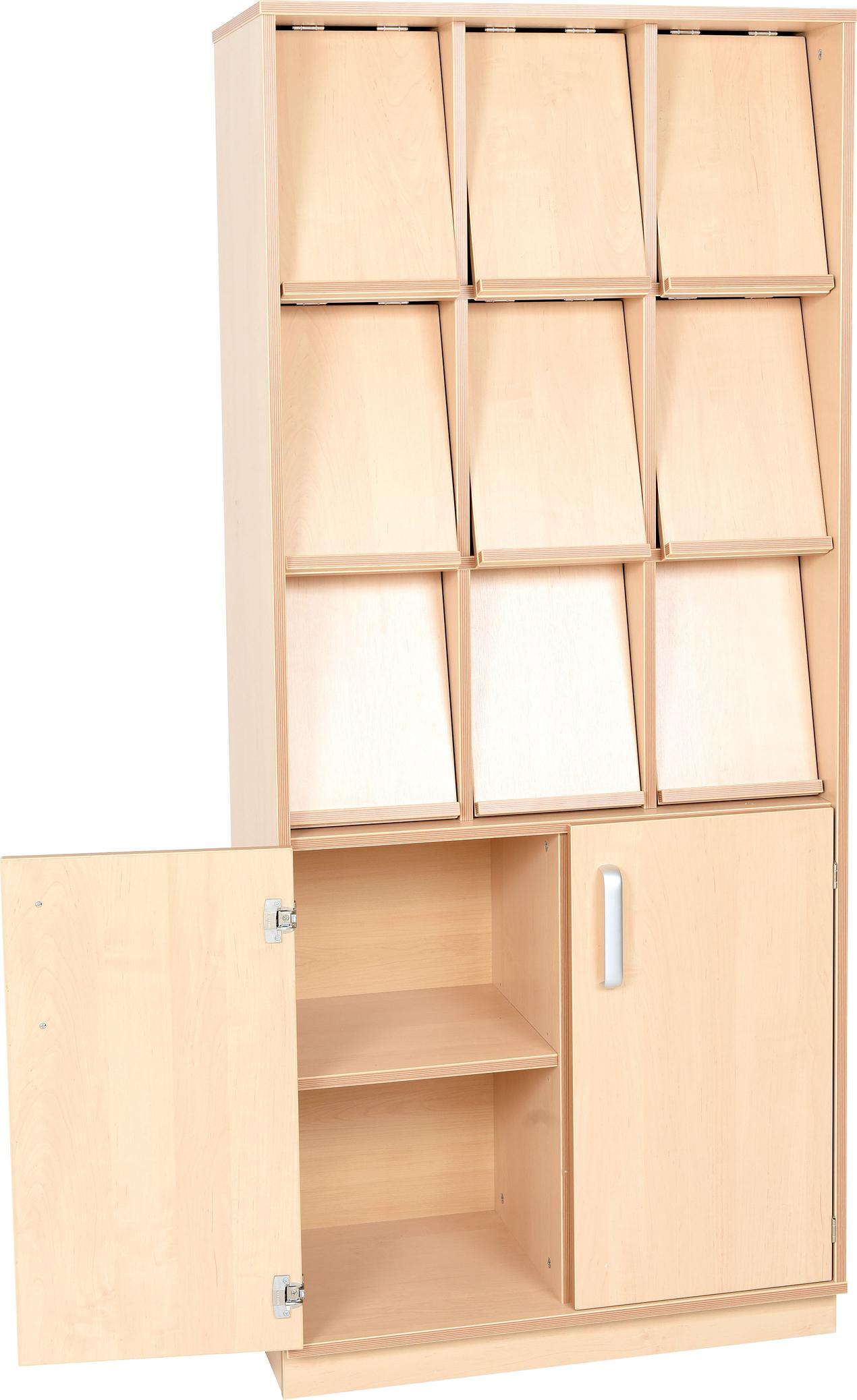 Zeitschriftenregal mit Schrank aus hellem Holz für Schulen. - Produkt wird im Kindergarten oder Schule genutzt.