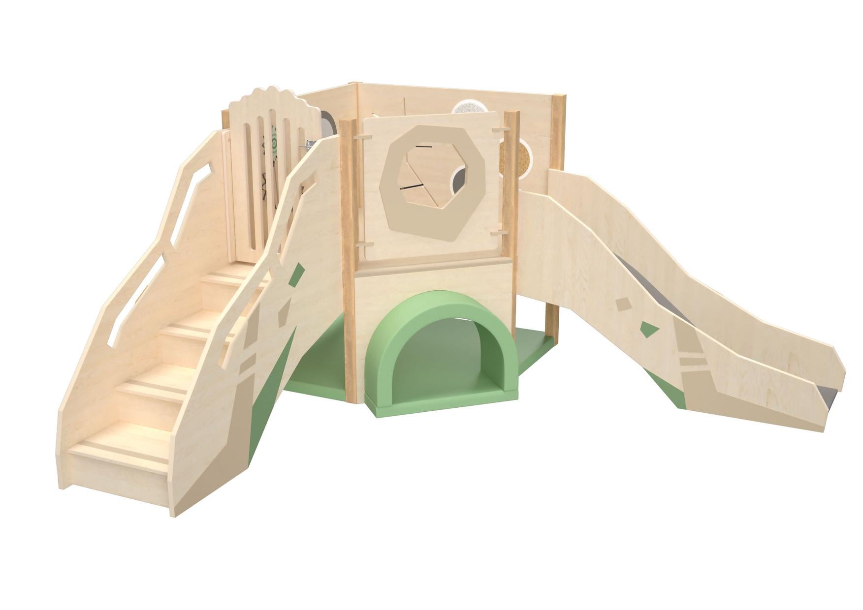 Sensorische Spielecke mit Hochebene, Treppe und Rutsche.