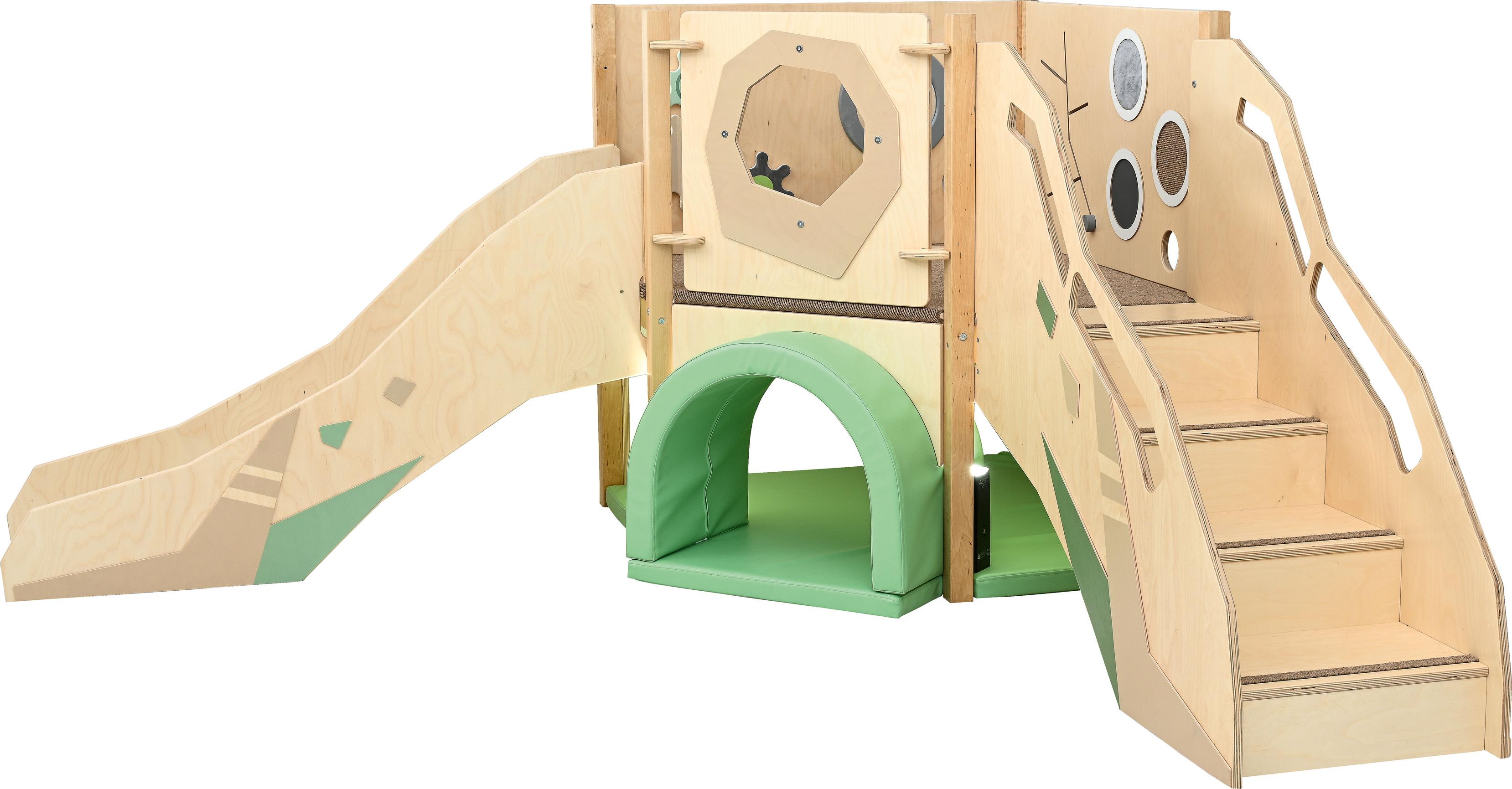Sensorische Spielecke mit Rutsche, Treppe, Tunnel und Podest.